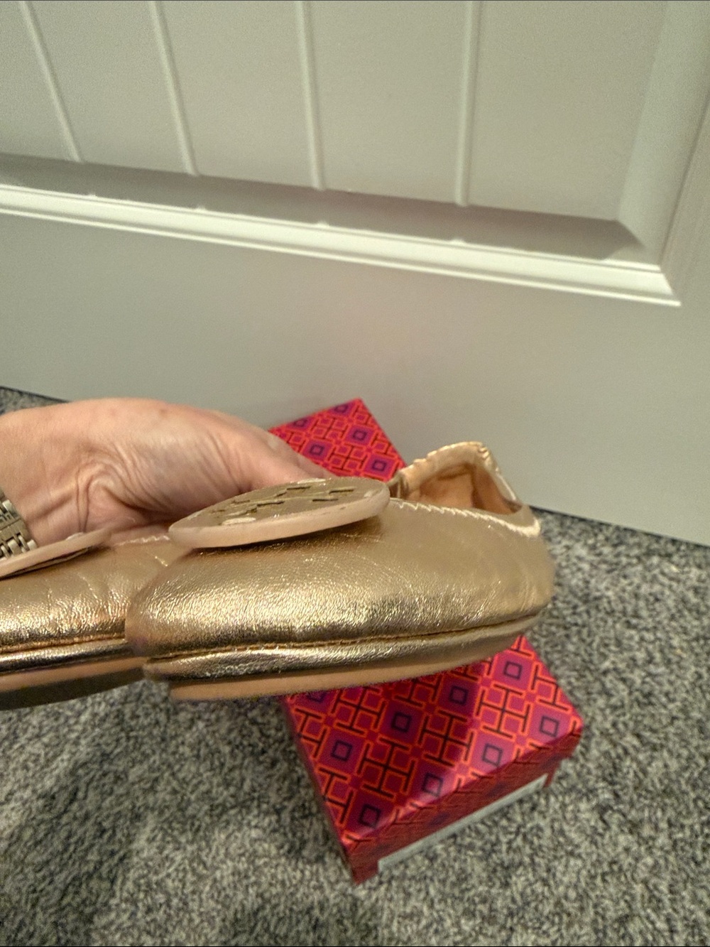 Tory Burch Metallic Rose Gold Minnie travel Ballet Flats size 7.5 - Picture 7 of 8